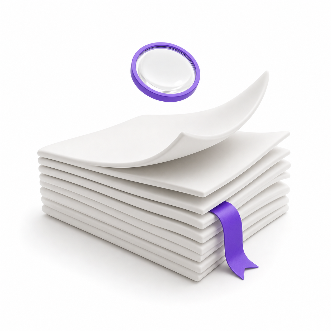 3D render of a stack of journal pages with a bookmark and magnifying lens